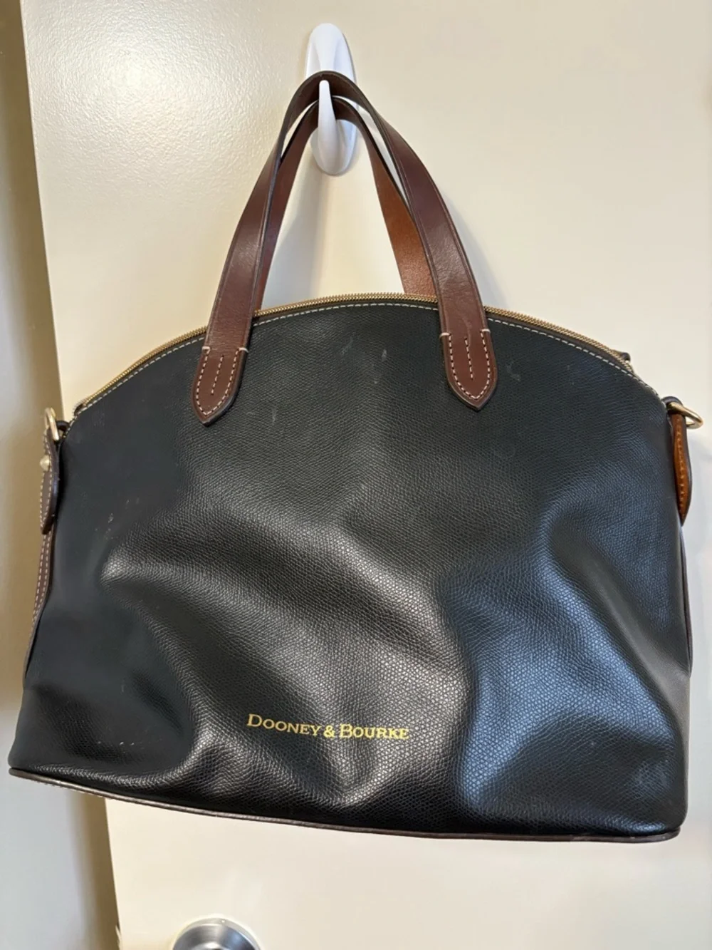 Dooney & Bourke Black Leather Dome Satchel with Brown Handles
